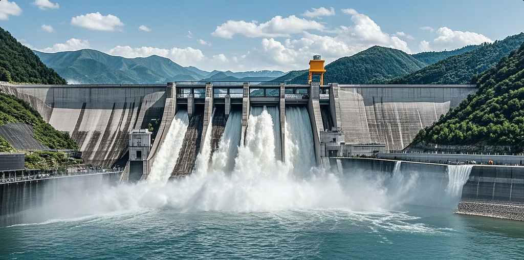 水力发电站大坝泄洪能源工程力量背景图