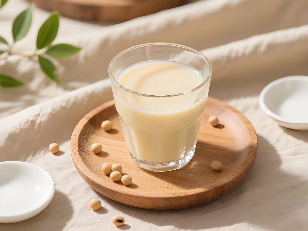 食品饮品清新自然风一杯豆浆放置在木质托盘上