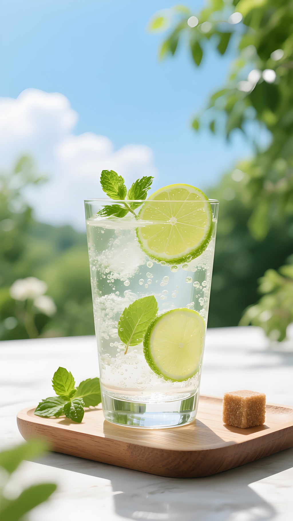 饮品清新夏日风一杯装有气泡水的透明玻璃杯青柠片和薄荷叶点缀