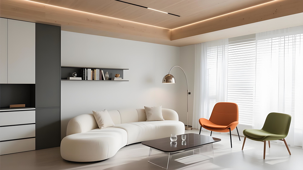 柔和光线与简洁布局呈现现代时尚客厅组合简约风格家居客厅场景