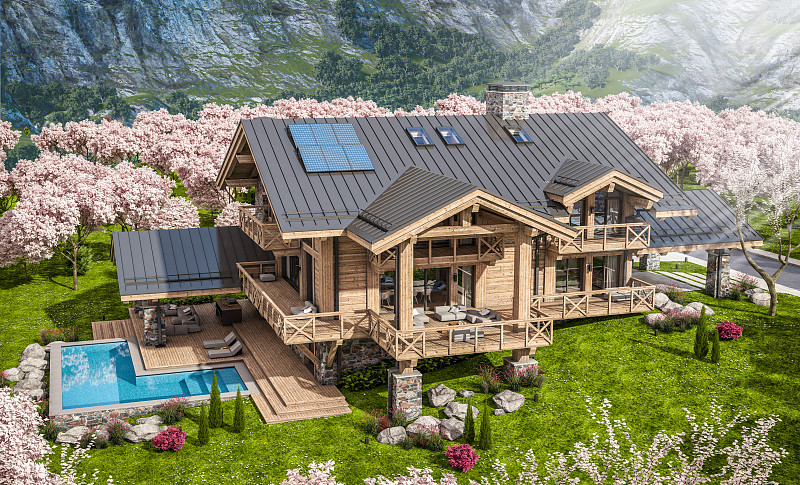 3d渲染现代舒适的小木屋在春天