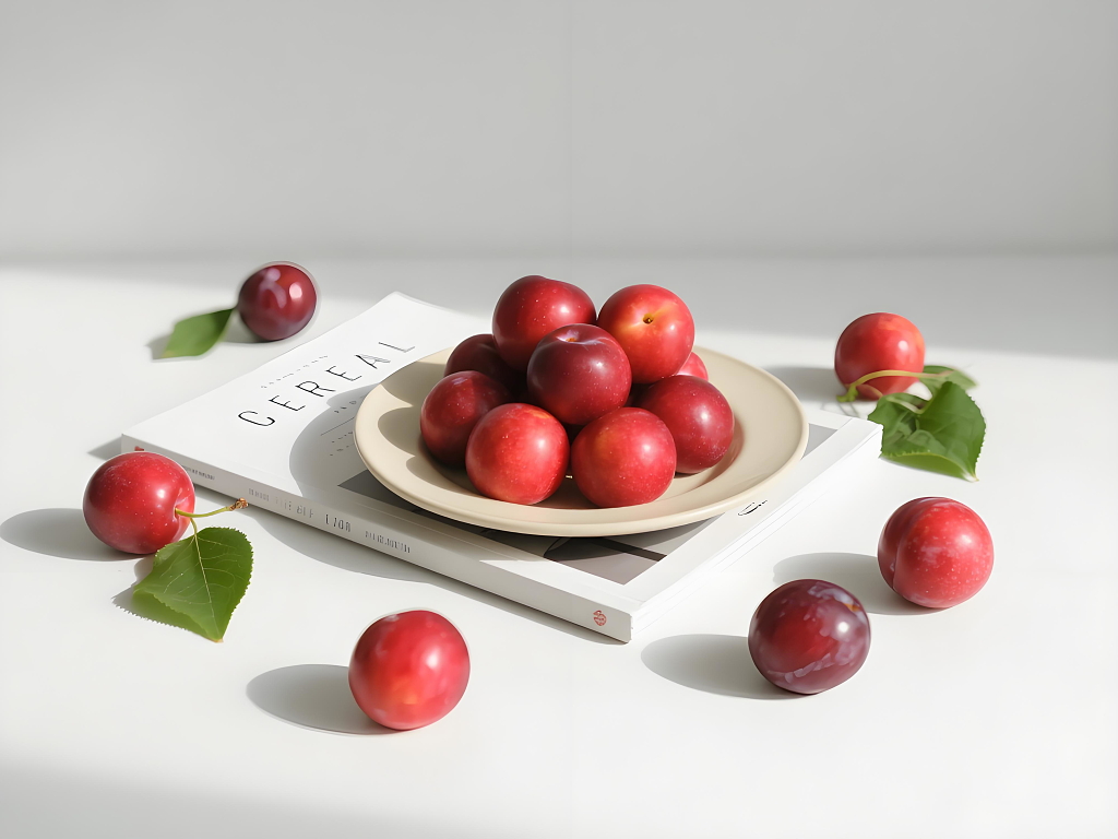 水果摄影简约风格一盘色泽红润的李子散落于书本和浅色背景间