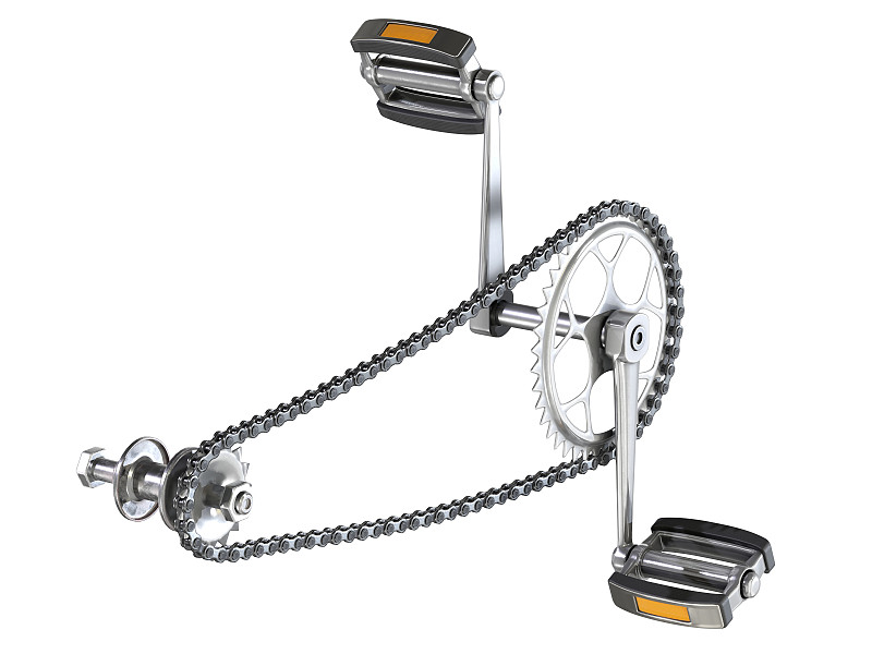 自行车链与踏板关闭隔离在白色背景。3 d渲染。