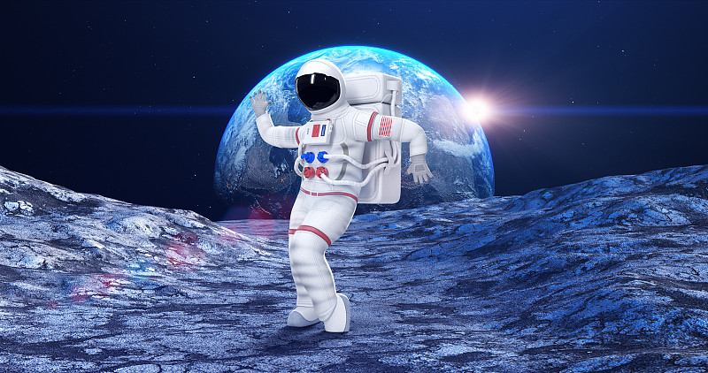 有趣的宇航员在行星表面跳舞。感觉快乐。