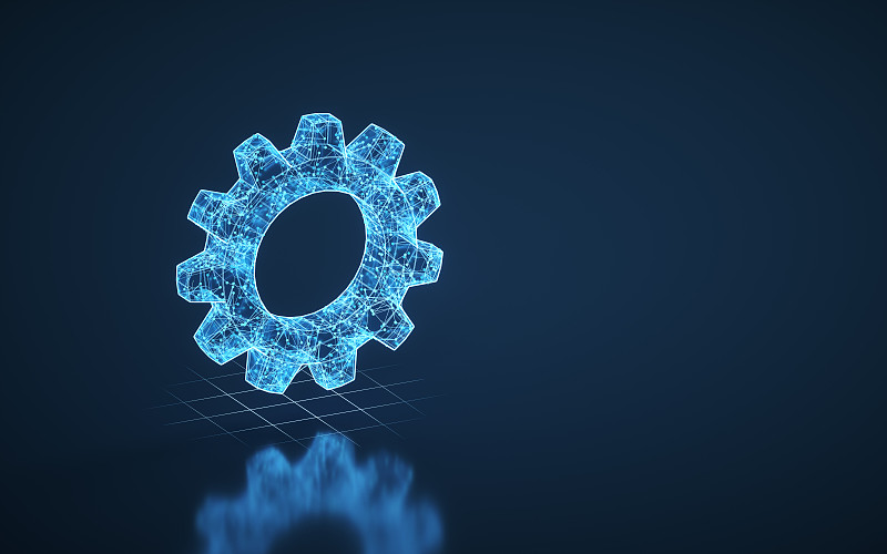 机械齿轮啮合，金属零件，三维渲染。