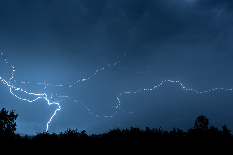夏季暴风雨期间的放电，夜空中分叉的闪电。