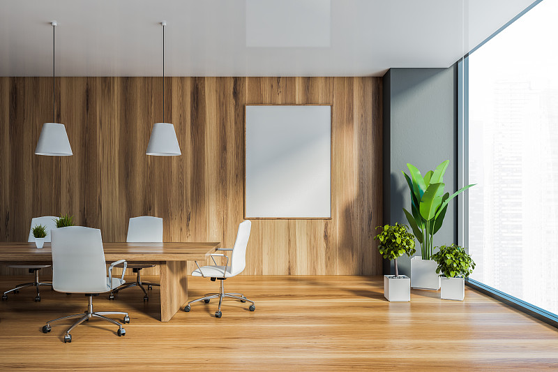 灰色和木制的办公室会议室与海报