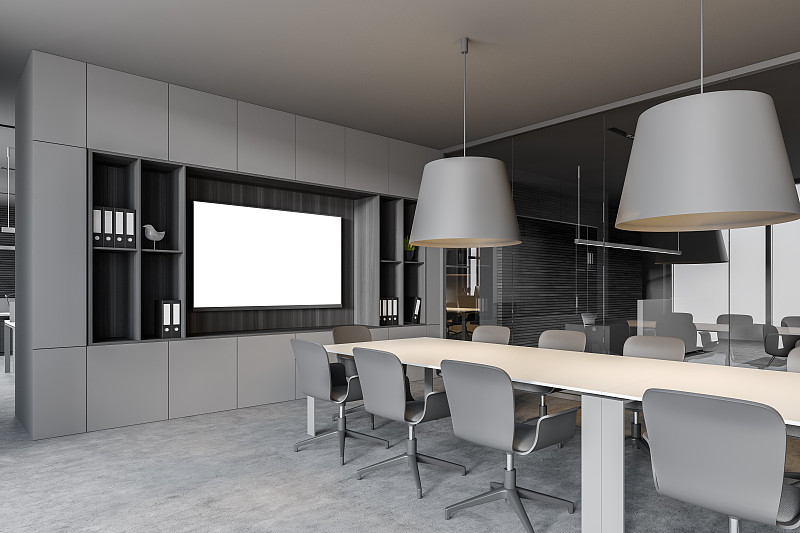 时尚的灰色和木制会议室角落与海报