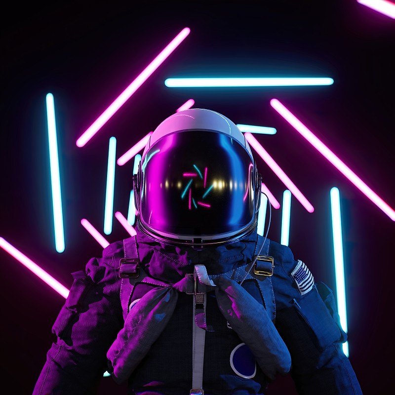 宇航员在无限的霓虹灯走廊里。氖激光。Retrowave 3 d演示