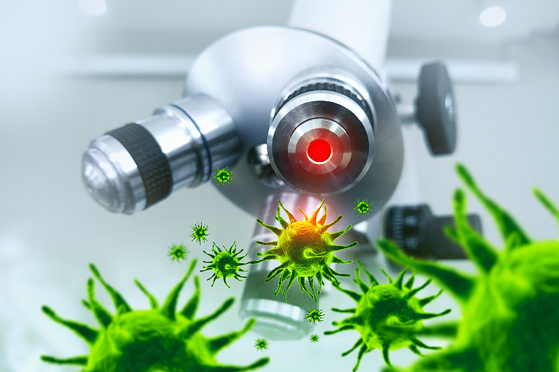 冠状病毒2019。医疗保健技术和医药研发理念。显微镜下病毒的特写。3 d渲染。