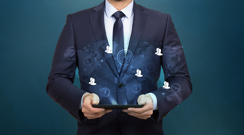 触摸屏成功营销策略概念，触摸屏商人全息图概念。