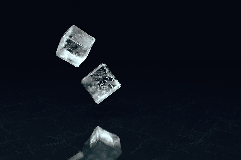 两个冰块在一个有质感的表面上的慢动作。三维演示