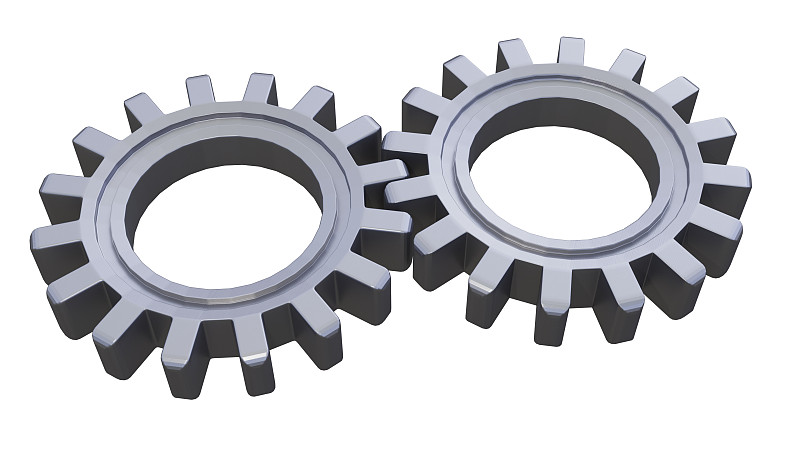 两个金属齿轮在一起。3 d渲染。