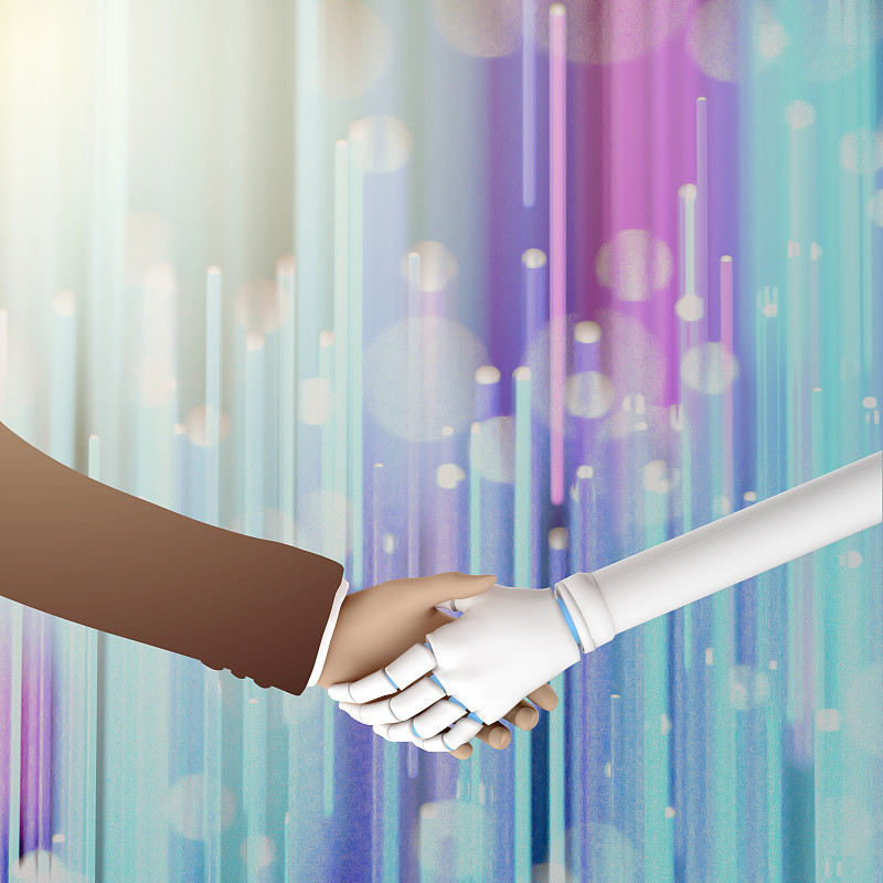 商业和办公概念-与合作伙伴握手机器人，3D渲染