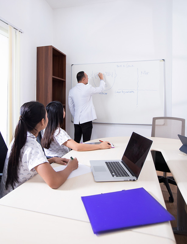 一群医务人员在办公室举行商务会议、会议、研讨会。团队成员在白板前聆听一位兴高采烈的医生演讲