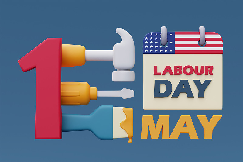 劳动节与日历，施工工具和设备。三维渲染