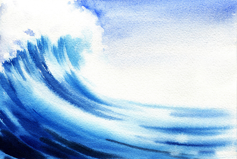 水彩画海浪，深蓝色海洋，手绘插图
