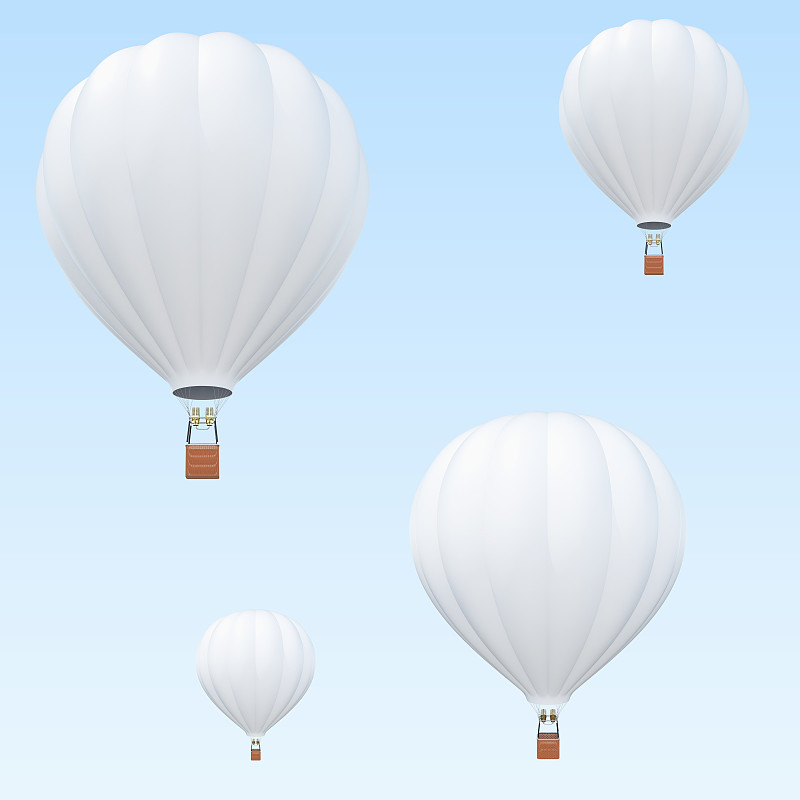 热气球，白色的热气球，背景是天空中的篮子。三维渲染