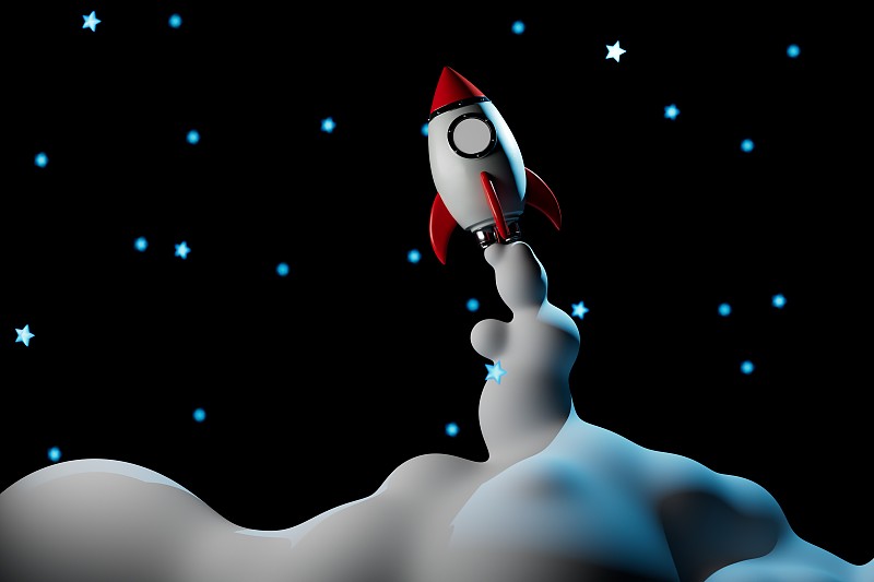 太空探索。黑色背景下，一枚火箭在繁星中起飞。复制粘贴，复制空格。三维渲染