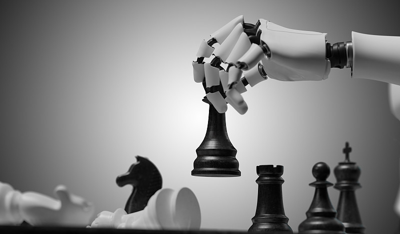 人形机器人正在下棋。人工智能的概念。3 d渲染插图。