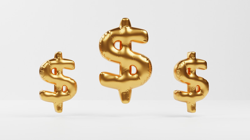 黄金美元货币气球孤立在白色背景，全球金融，3d渲染