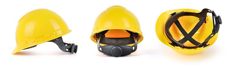 一套黄色头盔图像孤立在白色背景。为工人或一般员工提供安全建议