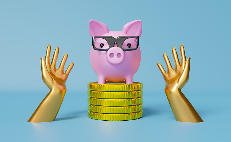 储蓄罐和眼镜与手和金币钱在蓝色的组成背景，金融投资概念，3d插图或3d渲染