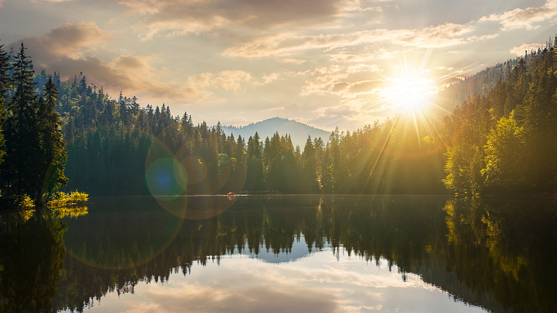 宁静的风景，在夏天的日落湖