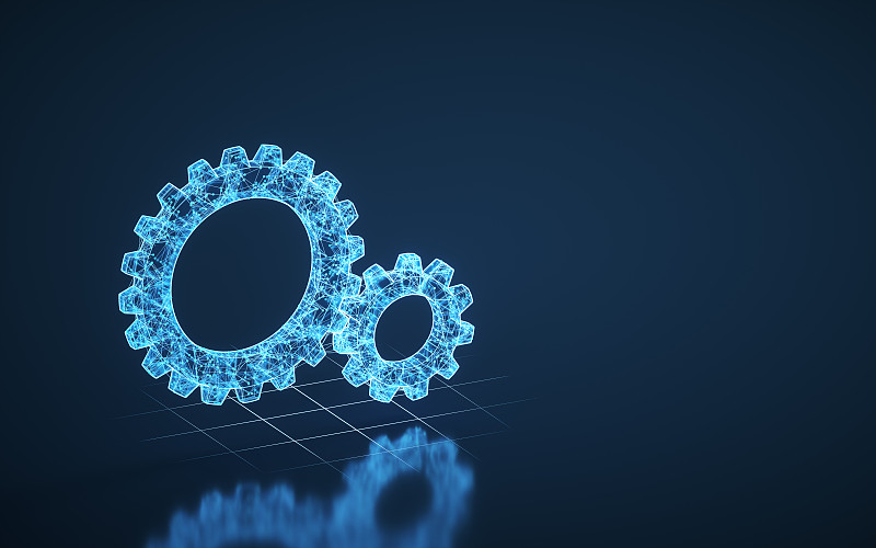 机械齿轮啮合，金属零件，三维渲染。