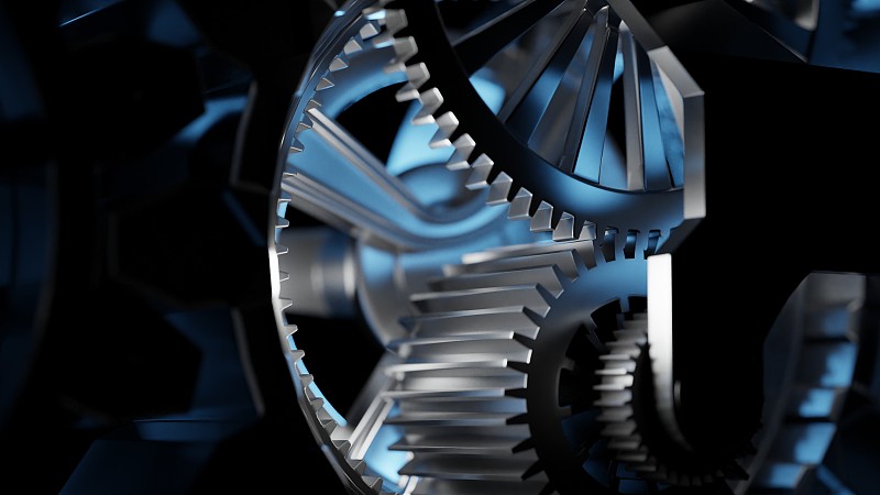 发动机齿轮箱的钢齿轮，关闭。高性能发动机，概念。数字3 d渲染。