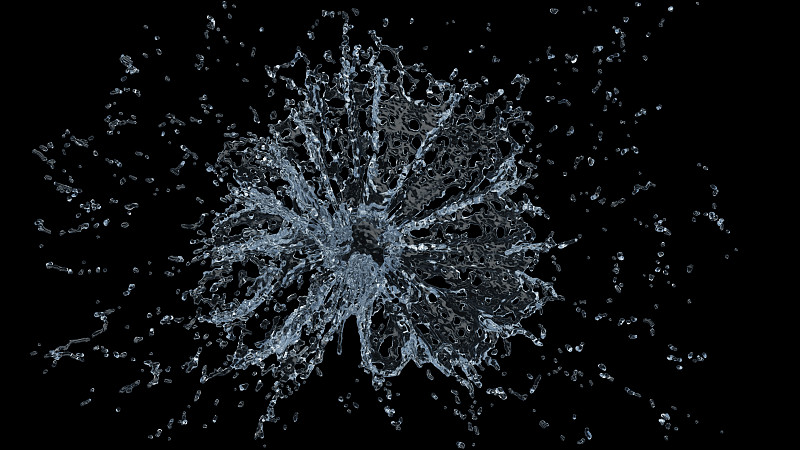 水花与水滴在黑色背景。3 d演示。
