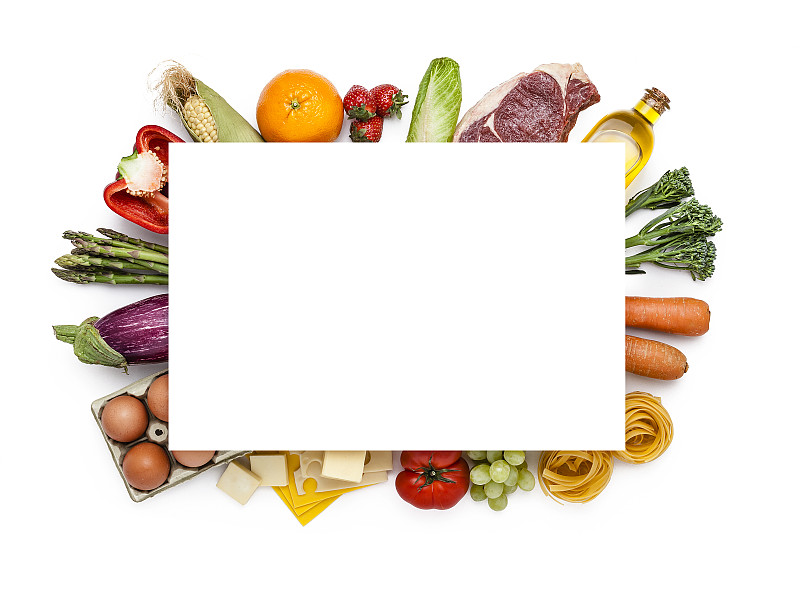 大群不同种类的食物，从上面的复制空间拍摄