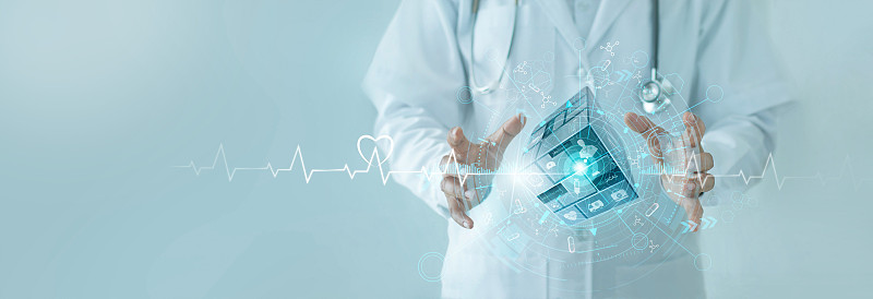 医生手持医疗服务立方体，创新医疗业务网络。智能医疗技术发展健康保险和医疗业务服务，保障人们的生命安全。