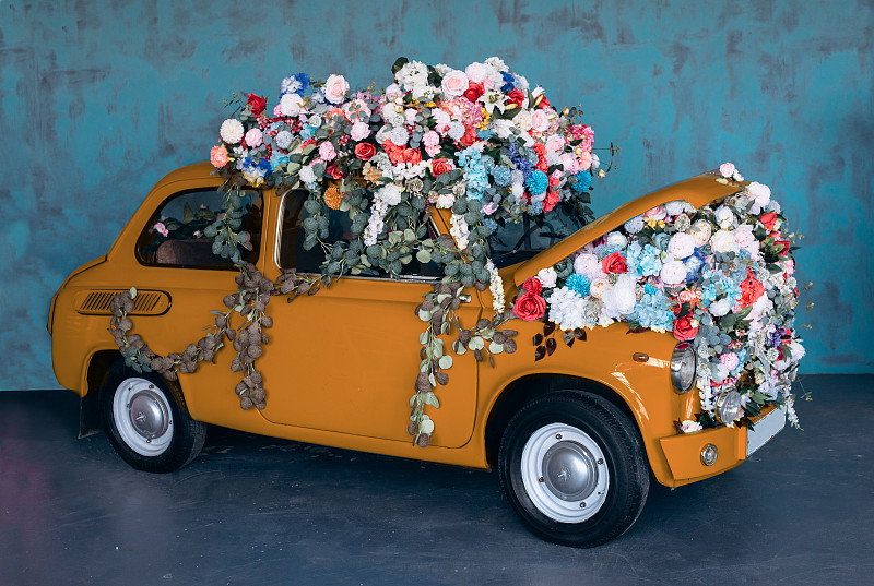 一辆旧车引擎盖下的花。老式汽车