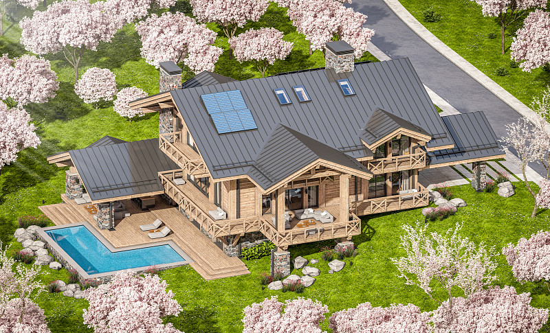 现代舒适小屋在春天的3d渲染