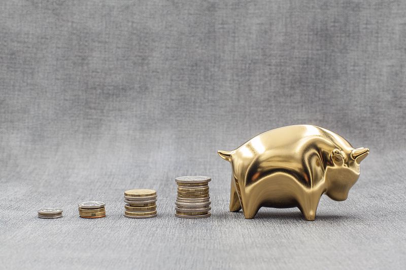 灰色背景的金币金牛