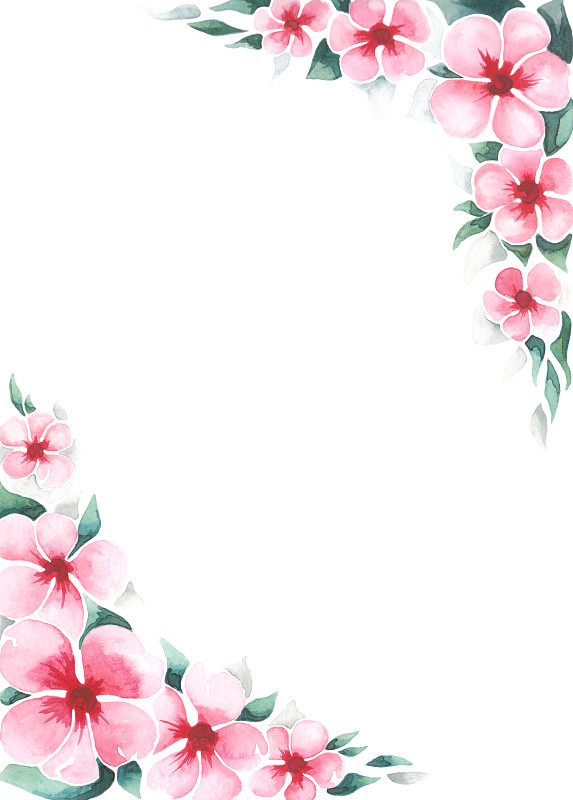水彩卡与花环的粉红色花和叶子在角落。
