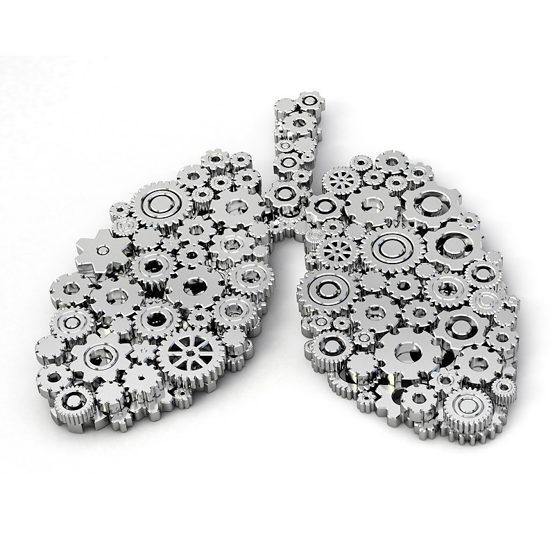 肺由齿轮组成。由齿轮制成的肺。机制概念3d插图。