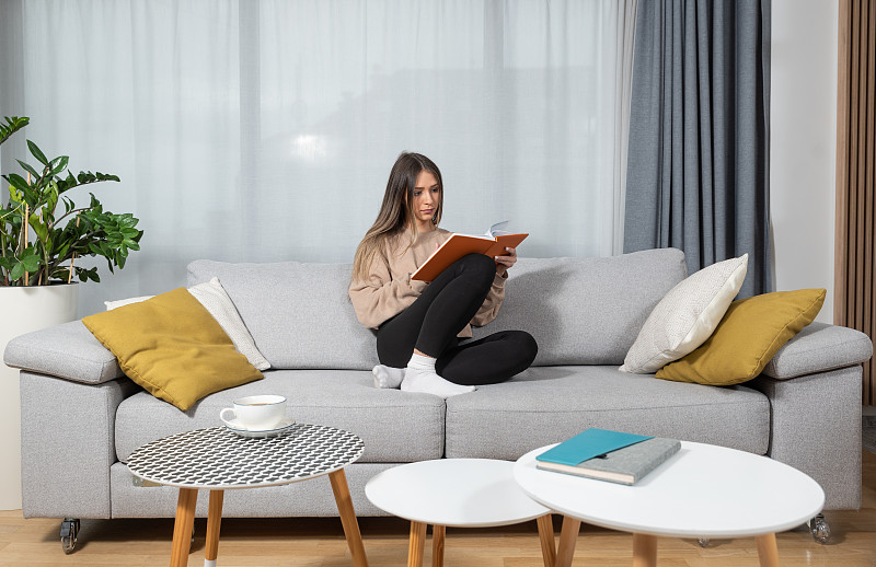 人们和休闲观念——年轻女子在家里的沙发上看书，享受她在家里学习和工作的空闲时间。