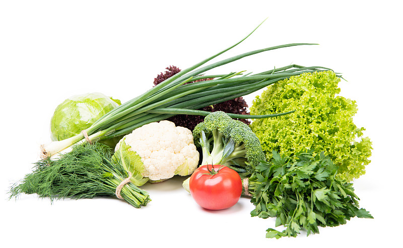 有机蔬菜品种大白菜、番茄和绿叶蔬菜上隔离白色