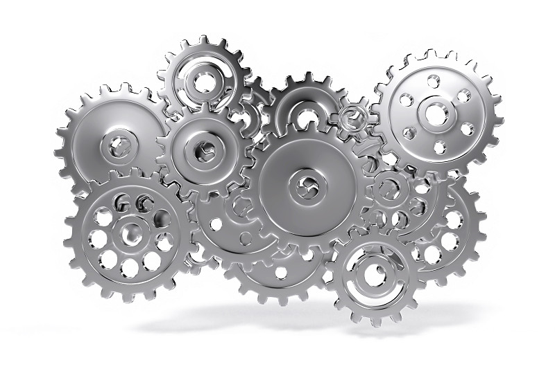 齿轮系统漂浮在白色环境中
