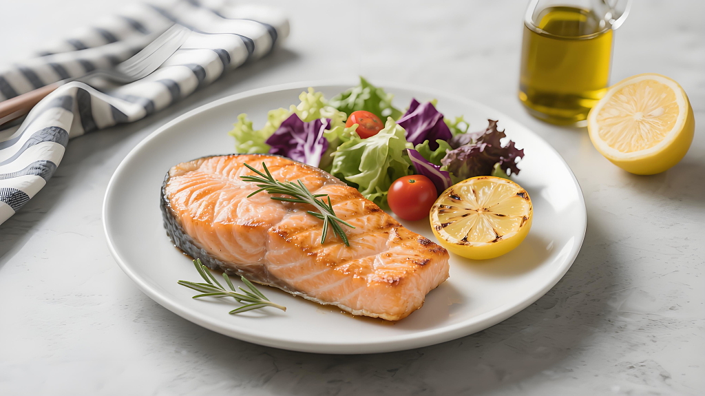 美食摆盘展示香煎三文鱼配蔬菜沙拉简约清新风格