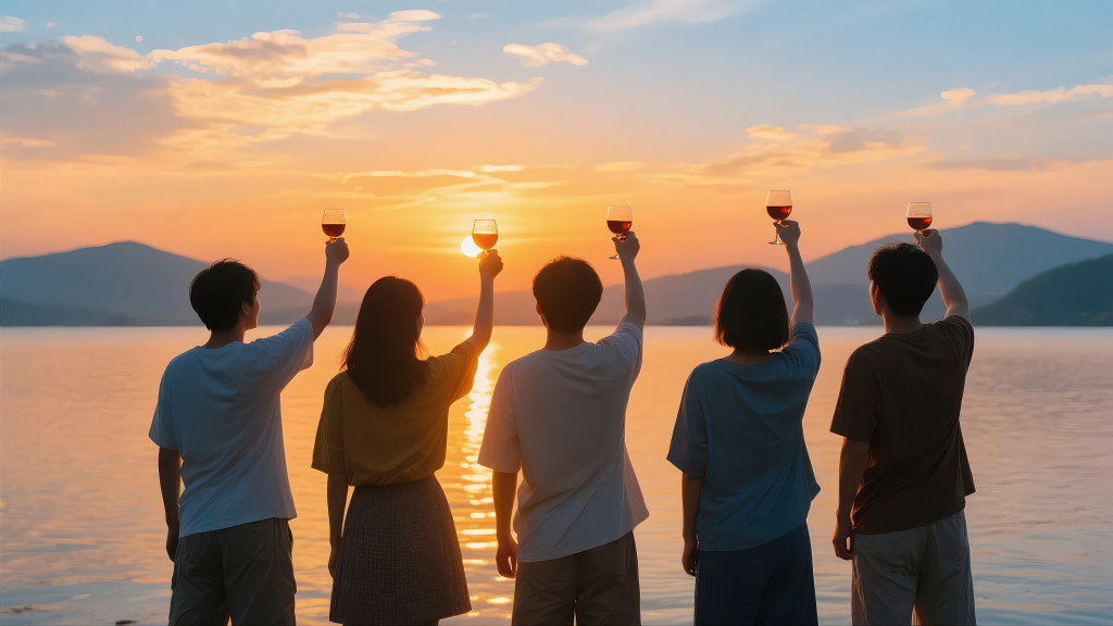 青年节毕业季湖边聚会日落友情庆祝背景