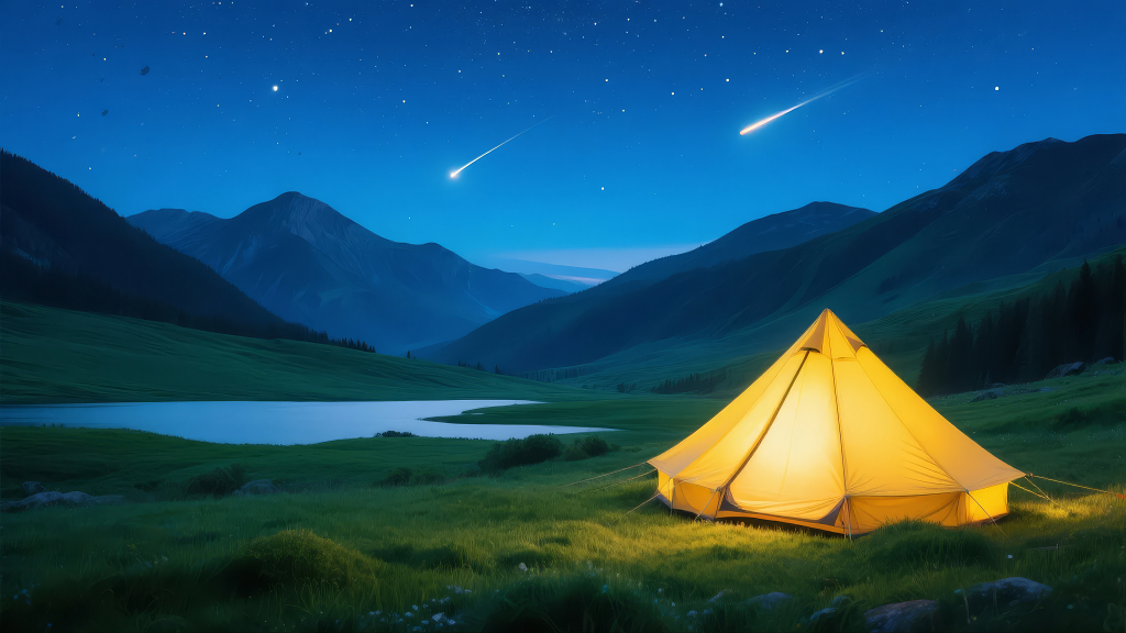 夜晚星空露营帐篷流星雨户外探险背景图
