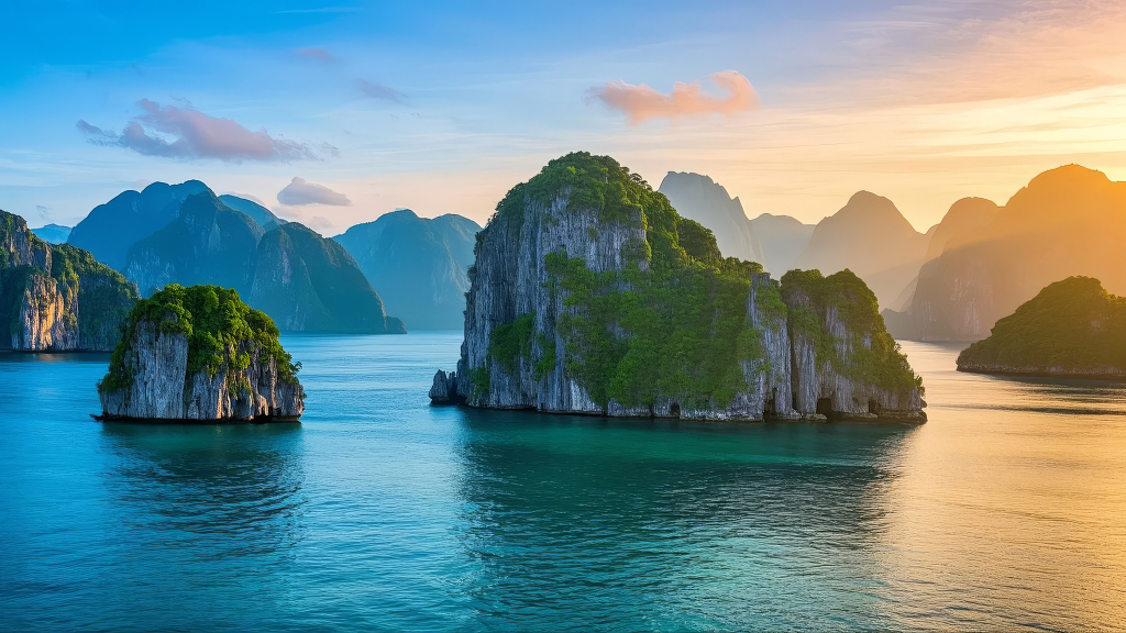 越南下龙湾海上桂林日落山水旅游背景