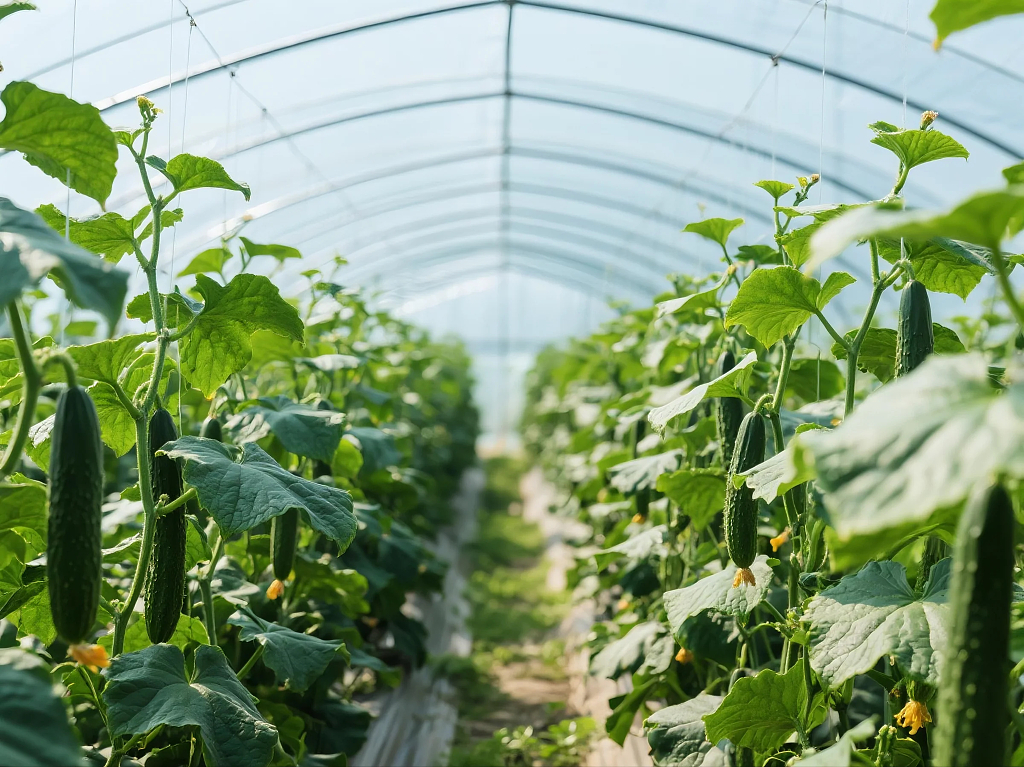 带刺青瓜栽培大棚高清摄影图