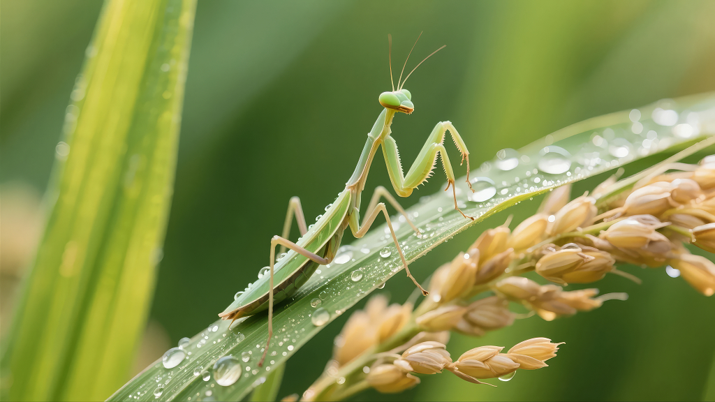 谷雨节气螳螂稻谷露珠生态农业微距背景