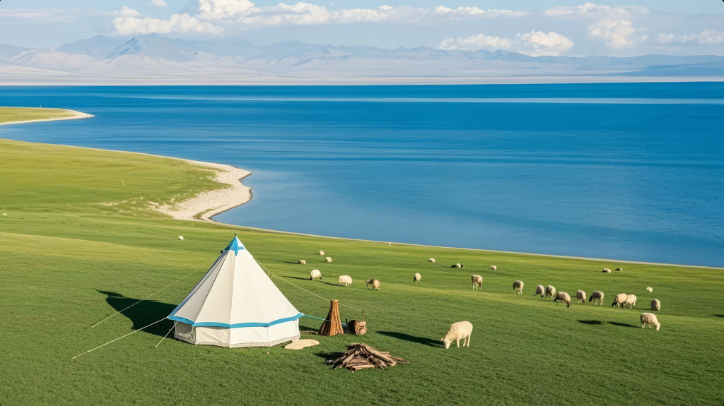青海湖畔帐篷羊群草原蓝天白云旅游背景