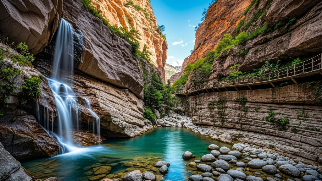 峡谷瀑布溪流清澈自然奇观探险旅游背景