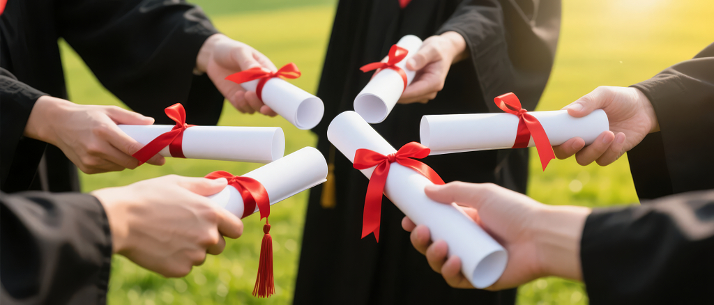 毕业季学生手持毕业证书庆祝成功喜悦背景